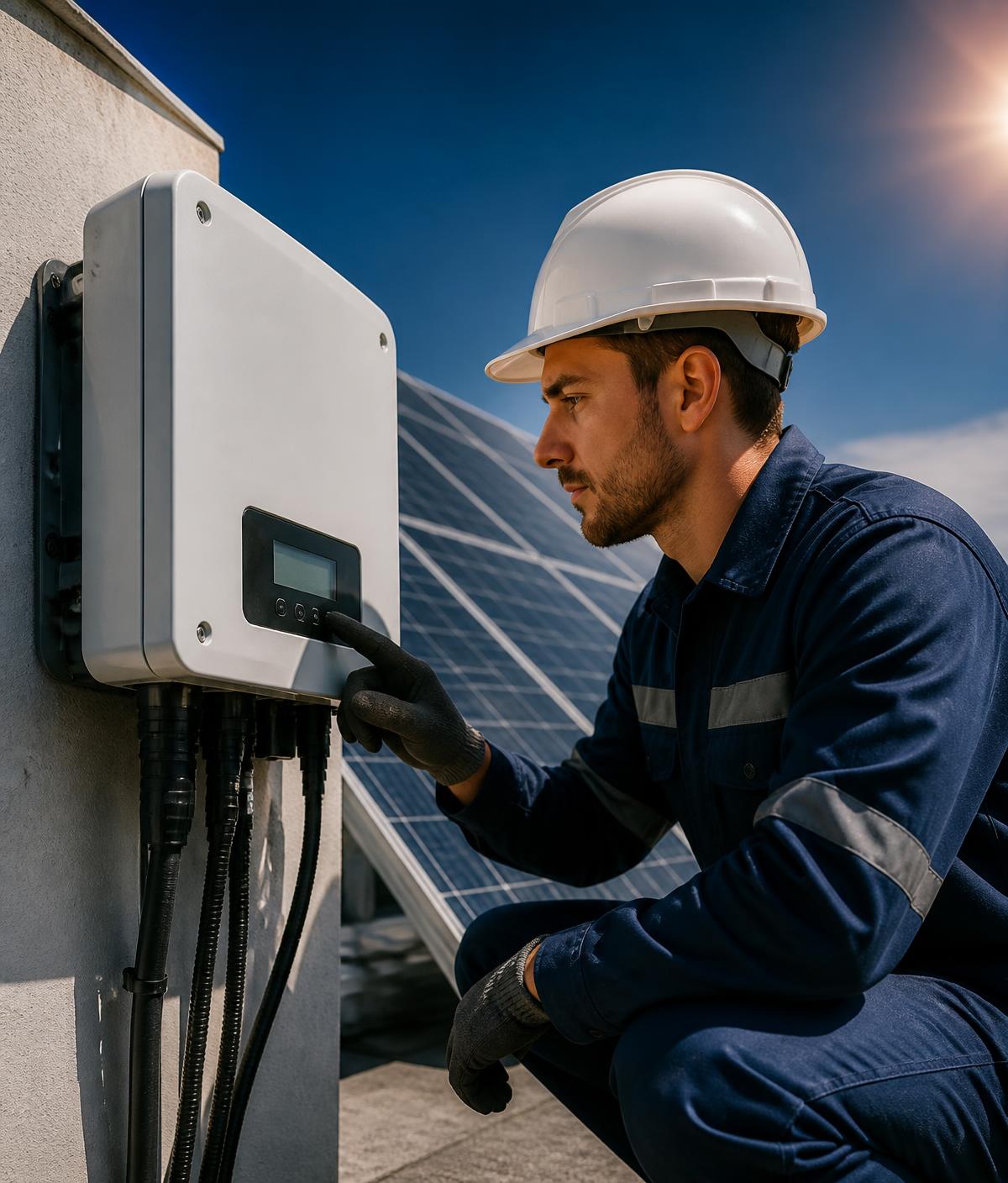 Técnico da Gestech inspecionando inversor solar